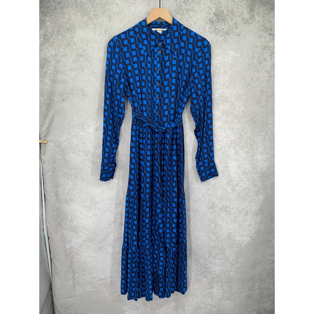 Boden Dress Womens 8 Blue Geometric Maxi Belted Long Sleeves Button Pockets